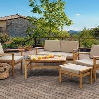Wyld and Coco 4 Seater Garden Sofa Set Solid Acacia Wood Taupe Cushions Table in Brown