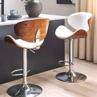 Wyld and Coco Modern Swivel Bar Stools Set 2 White Faux Leather Dark Wood Look