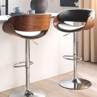 Wyld and Coco Set of 2 Dark Wood Gas-Lift Bar Stools with Black Faux Leather Seats