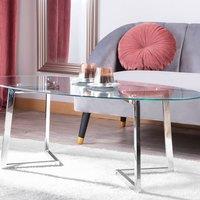 Wyld and Coco Silver Glass Coffee Table Tempered Oval Top Polished Steel Legs in Clear