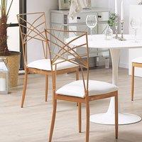 Wyld and Coco Set 2 Rose Gold Metal Dining Chairs White Faux Leather Seat Pad
