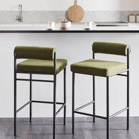Wyld and Coco Set of 2 Green Polyester Bar Chairs Black Metal Legs and Roll Backrest
