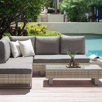 Wyld and Coco Corner Sofa Set Beige PE Rattan 5 Seater Grey Cushions and Coffee