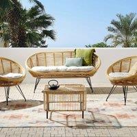 Wyld and Coco 4 Seater Natural Rattan Sofa Set Coffee Table and Light Beige Cushions