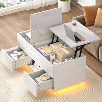 Merax High Gloss Lift-Top Coffee Table with Hidden Storage & LED in White