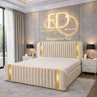 Stratus Interiors Aura Rounded Panel Bed Frame with Elegant Gold Accents - Non Storage in Cream | Size: Single