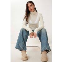 Happiness Istanbul Women's Slim Fit Turtleneck Long Sleeve Transparent Blouse in Stone | Size: Large