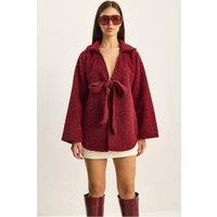 Bianco Lucci Women's Textured Oversized V-Neck Tie Closure Cardigan in Burgundy | Size: Small