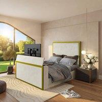 KDMD Adisham Upholstered Electric Media Gold & Cream White TV Bed Frame in Off-White | Size: Small Double