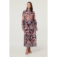 Izabel London Women's Border Print High Neck Maxi Shirt Dress in Navy | Size: 10
