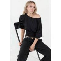 Hiccup Women's Asymmetrical Neck Soft Knit Blouse in Black | Size: Medium