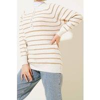 Big Dart Women's Striped Knit Sweater with Button Closure in Camel