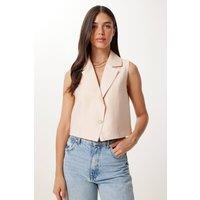 Happiness Istanbul Women's Sleeveless Linen Shawl Collar Cropped Waistcoat in Cream | Size: Medium