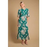 Oasis Women's Puff Sleeve Trim Detail Panelled Tea Dress in Green | Size: 14