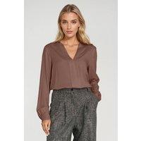 Love Lace Women's Classic V Neck Viscose Pleat Blouse with Cuffs in Brown | Size: 42