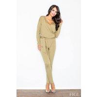 Love Lace Women's Belted Triangle Neck Long Sleeve Jumpsuit Pockets in Khaki | Size: Medium