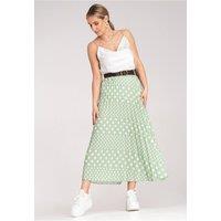Love Lace Women's High Waisted Pleated Midi Polka Dot Skirt in Green | Size: S/M