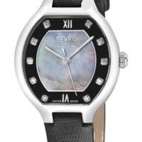 Gevril Women's Lugano Swiss Diamond Watch, MOP Dial, 316L SS, Genuine Italian leather in Black