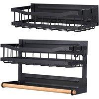 Living and Home 2-Piece Magnetic Fridge Storage Shelf Set Spice Rack Organiser with Roll Holder & Hooks in Black | Size: 2 Pack