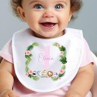Aye Do Gifts Women's Personalised Pink 1st Birthday Jungle Animals Baby Outfit: Bib in White