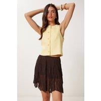 Happiness Istanbul Women's Textured Mini Skirt with Elastic Waist in Chocolate | Size: Medium