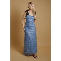Oasis Women's Tiered Sequin Mesh Tie Shoulder Maxi Dress in Blue | Size: 8