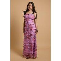 Oasis Women's Petite Printed Tiered Mesh Tie Shoulder Maxi Dress | Size: 12