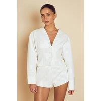 MissPap Women's Collarless Pinstripe Tailored Jacket in Ivory | Size: 8