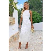 AX Paris Women's White Lace Racer Neck Ruched Waist Midi Dress | Size: 16