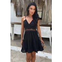 AX Paris Women's Black Open Tie Back Crochet Detail Tiered Mini Dress | Size: 14