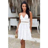 AX Paris Women's White Open Tie Back Crochet Detail Tiered Mini Dress | Size: 16