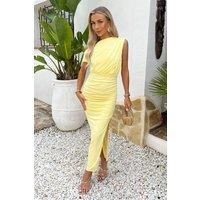AX Paris Women's Soft Yellow Off-The Shoulder Draped Top Midi Dress | Size: 14