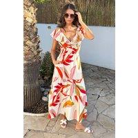 AX Paris Women's Multi Leaf Print Open Tie Back Frill Top Smock Midi Dress | Size: 8