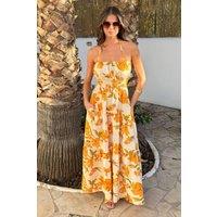 AX Paris Women's Yellow Floral Print Tie Neck Smock Midi Dress | Size: 10