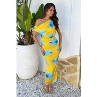 AX Paris Women's Yellow & Blue Floral Print Off-The Shoulder Draped Midi Dress | Size: 8