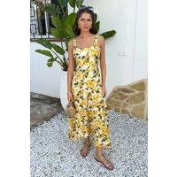 AX Paris Women's Cream Lemon Print Shirred Straps Button Detail Midi Dress | Size: 16
