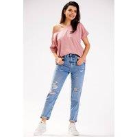 Love Lace Women's Loose T-Shirt Deep Boat Neck One Shoulder Poland in Pink