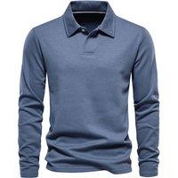 MODISHION Men's Solid Cotton Long Sleeve Polo Shirt in Blue | Size: Small
