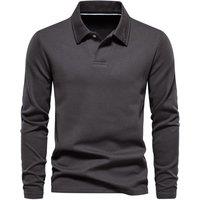 MODISHION Men's Solid Cotton Long Sleeve Polo Shirt in Dark Grey | Size: Large