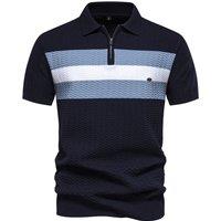 MODISHION Men's Casual Quarter Zip Turn Down Collar Short Sleeve Polo Shirts in Dark Navy | Size: Large
