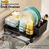 ATEK 1 Tier Kitchen Dish Drainer Rack Stainless Steel Black Space Saving Racks Kitchen Sink Utensils Drying With Cutlery Holder