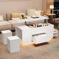 Merax White High Gloss Lift Top LED Coffee Table with 2 Storage Stools