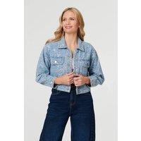 Izabel London Women's Floral Print Cropped Denim Jacket in Blue | Size: 10