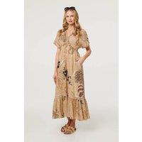 Izabel London Women's Printed Short Sleeve Empire Maxi Dress in Beige | Size: 12