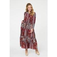 Izabel London Women's Patchwork Print Long Sleeve Maxi Dress in Red | Size: 10