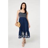 Izabel London Women's Embroidered Border Cami Strap Midi Dress in Blue | Size: 16