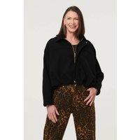 Izabel London Women's Faux Suede Ruched Relaxed Bomber Jacket in Black | Size: 12