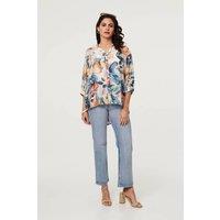 Izabel London Women's Abstract Floral Curve Hem Blouse in Blue | Size: 8