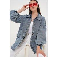Big Dart Women's Oversized Denim Jacket with Shirt Collar in Light Blue | Size: Large