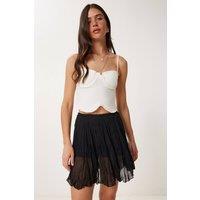 Happiness Istanbul Women's Textured Mini Skirt with Elastic Waist in Black | Size: Small